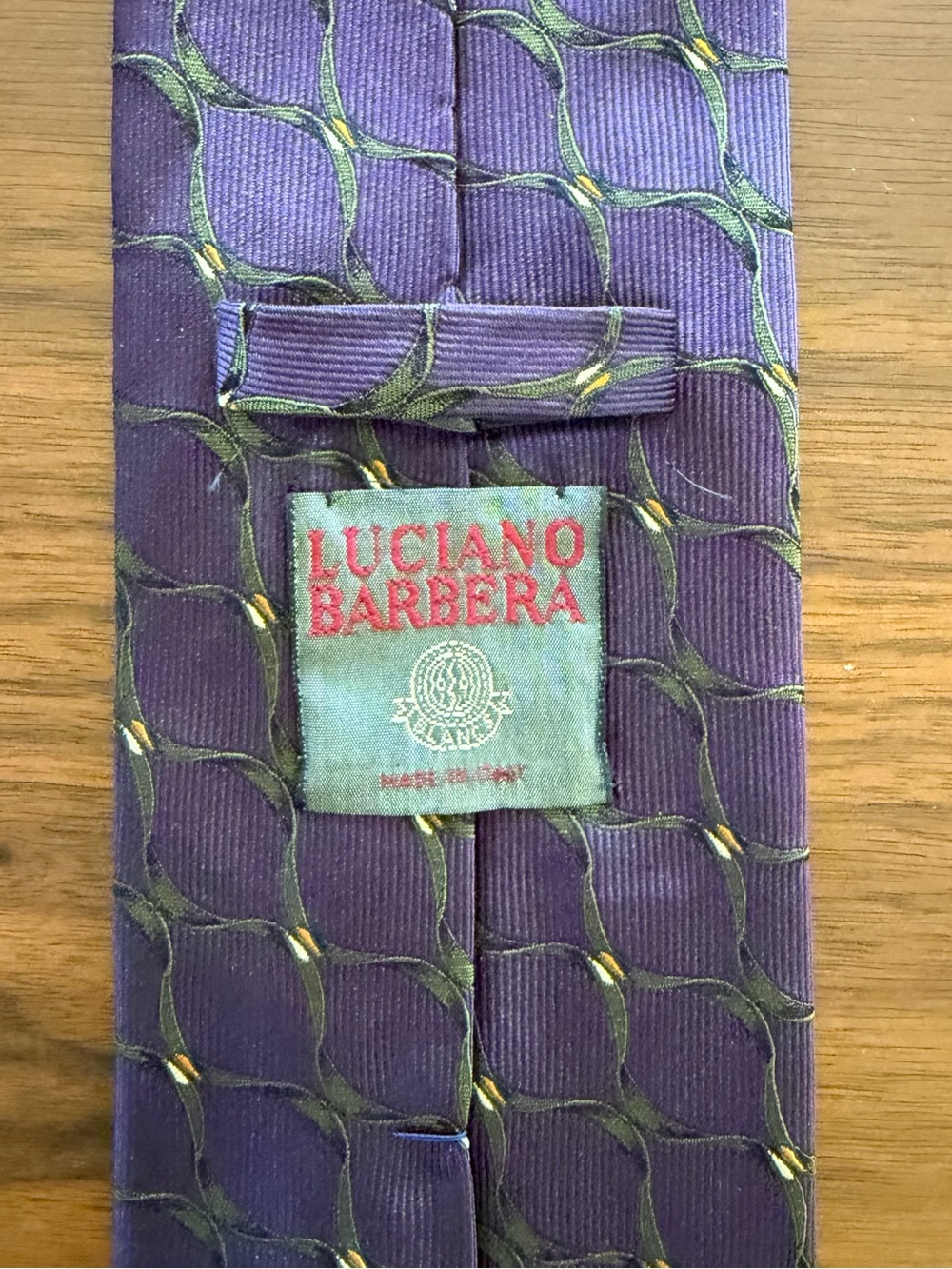 Luciano Barbera Purple Silk Tie with Green Linked Pattern